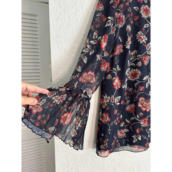Modest High Neck Floral Bell Sleeve Top Medium Gold Threads Navy Blue Demure - Picture 2 of 7